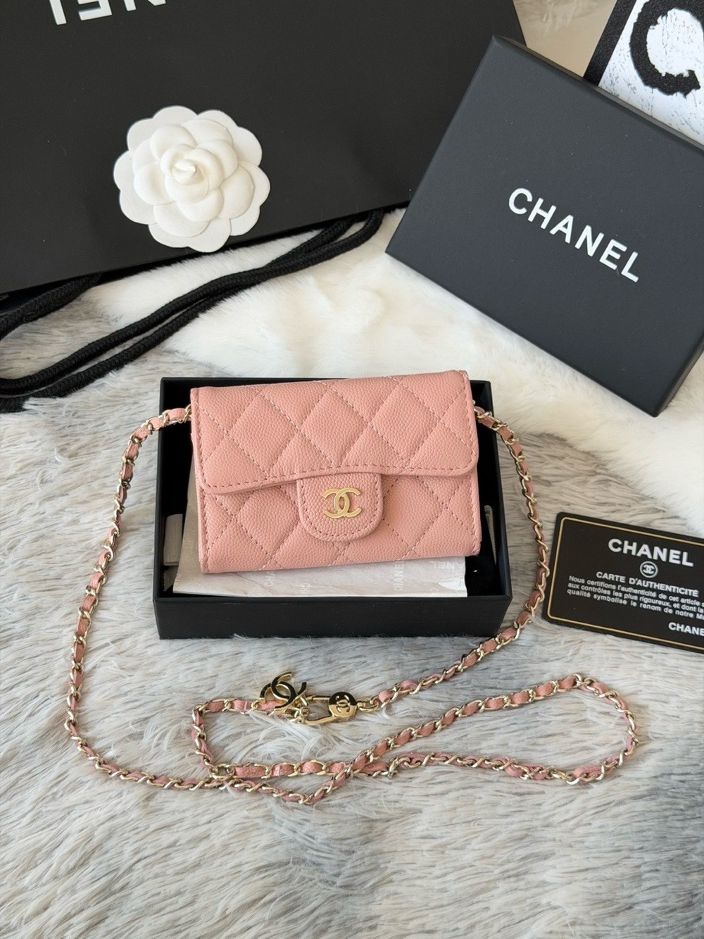 CHANEL Pink Quilted Caviar Leather Mini Wallet-on-Chain with Gold Hardware